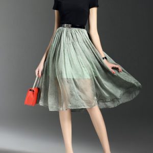 Green Short Sleeve Crew Neck Swing Midi Dress with Belt