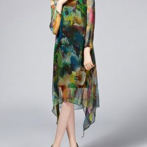 Green Silk Abstract Asymmetrical Vintage Midi Dress