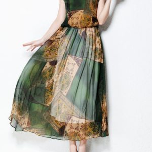 Green Sleeveless Silk Printed Swing Maxi Dress