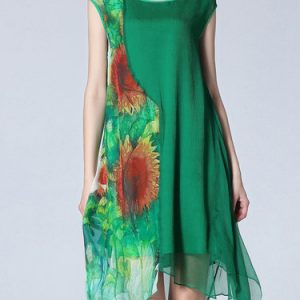 Green Sleeveless Silk Shift Midi Dress