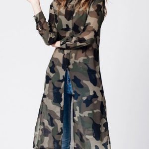 Green Slit Long Sleeve H-line Camo Printed Tunic