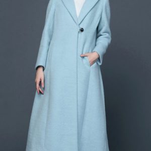 Green Solid Buttoned Elegant Wool Blend A-line Coat