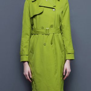 Green Solid Casual Lapel Trench Coat with Pockets