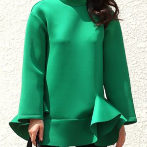 Green Solid Cotton-blend H-line Long Sleeve Tunic