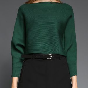 Green Solid Ribbed Slash Neck Silk-blend Long Sleeved Top