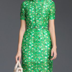 Green Stand Collar Short Sleeve Printed Linen Shirt Dress