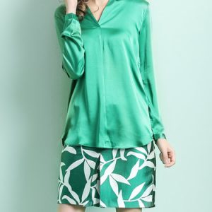 Green Two Piece Printed V Neck Silk-blend Long Sleeve Midi Dress