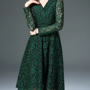 Green V Neck Guipure Lace Long Sleeve A-line Midi Dress