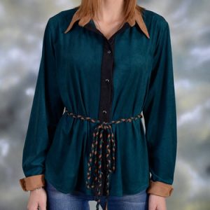 Green Velvet H-line Long Sleeve Blouse with Belt