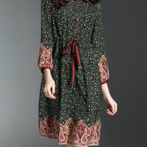 Green Vintage Floral-print A-line Midi Dress