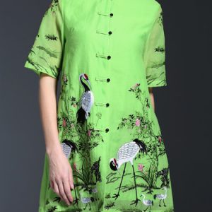 Green Vintage Polyester Stand Collar A-line Shirt Dress