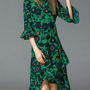 Green Vintage Polyester Stand Collar High Low Midi Dress