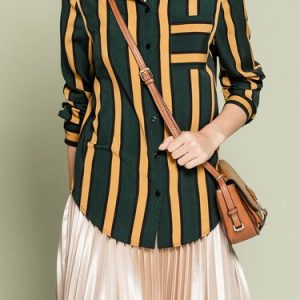 Green Vintage Stripes Shirt Collar Blouse