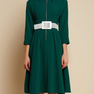 Green Zipper Shirt Collar Casual Midi Dress