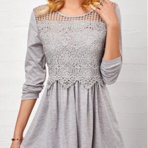 Grey Lace Panel Keyhole Back Long Sleeve Round Neck Tunic Top Blouse - XXL