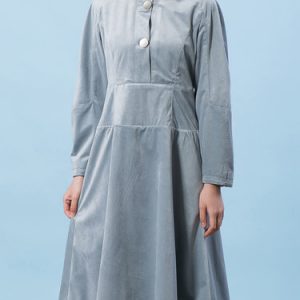 Grey-blue Crew Neck Long Sleeve Paneled Midi Dress