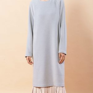 Grey-blue Pleated Casual Cotton-blend H-line Midi Dress