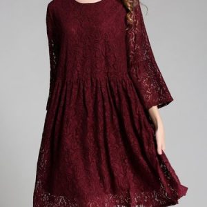 Guipure Lace Long Sleeve Floral Girly A-line Midi Dress