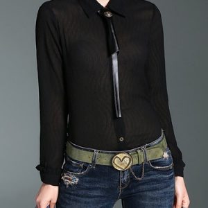 H-line Casual Long Sleeve Shirt Collar Tie Blouse