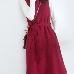 H-line Crew Neck Sleeveless Simple Wool blend Midi Dress with Belt