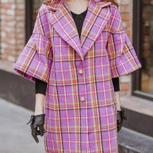 H-line Lapel Girly Checkered/Plaid Frill Sleeve Coat