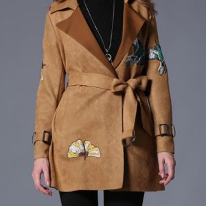 H-line Long Sleeve Embroidered Faux Suede Trench Coat with Belt