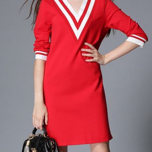 H-line Stripes Casual 3/4 Sleeve Midi Dress