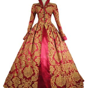 Halloween Baroque Costume Red Lace Ruffles Stand Collar Gold Stamping Vintage Long Dresses Halloween