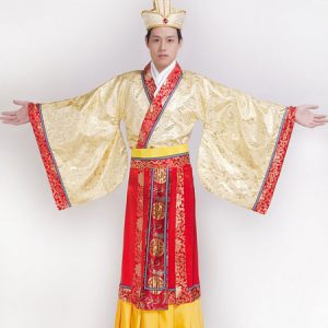 Halloween Chinese Costume Ancient Prince Satin Two Tone Top With Fancy Long Dress & Hat For Men