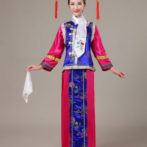 Halloween Chinese Costume Mahogany Satin Color Block Long Dress With Waistcoat For Women