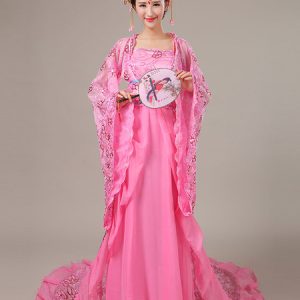 Halloween Chinese Costume Pink Lace Color Block Long Dress With Sash And Overcoat For Women