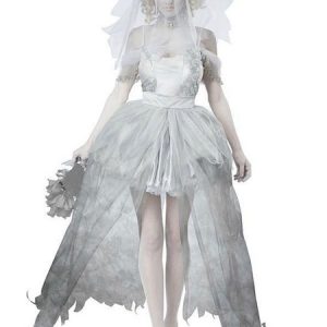 Halloween Corpse Bride Costume Silver Dress With Veil And Eye Patch For Women