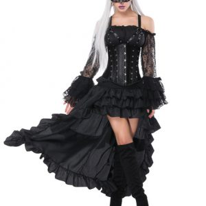 Halloween Costume Steampunk Women Black Vintage Ruffles High Low Corset And Skirt