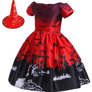 Halloween Costumes For Kids Castle Bat Oragnge Red Skater Dress