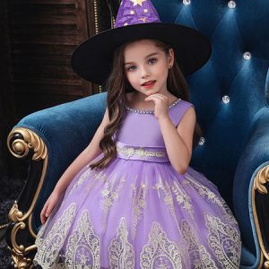 Halloween Costumes For Kids Red Witch Lace Hot Stamping Dress With Hat