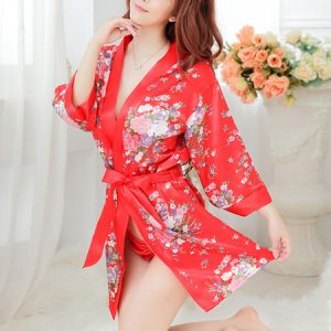 Halloween Geisha Costume Red Indoor Synthetic Quality Sexy Kimono Costume Three Pieces Floral Print Suit