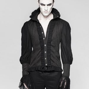 Halloween Gothic Costume Shirts Men Black Ruffles Long Sleeve Lace Medieval Victoria Blouses Top