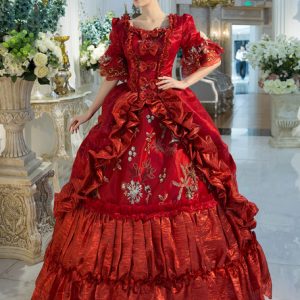 Halloween Retro Costumes Baroque Red Squared Neckline Printed Flared Half Sleeve Layered Ball Gown Dress Halloween