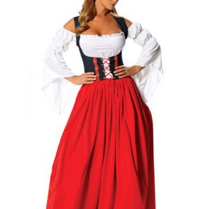 Halloween Sexy Costume Beer Girl Women's Color Block Open Shoulder Maxi Dress With Headgear Halloween