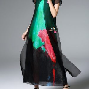 Hand-drawn A-line Casual Short Sleeve Maxi Dress