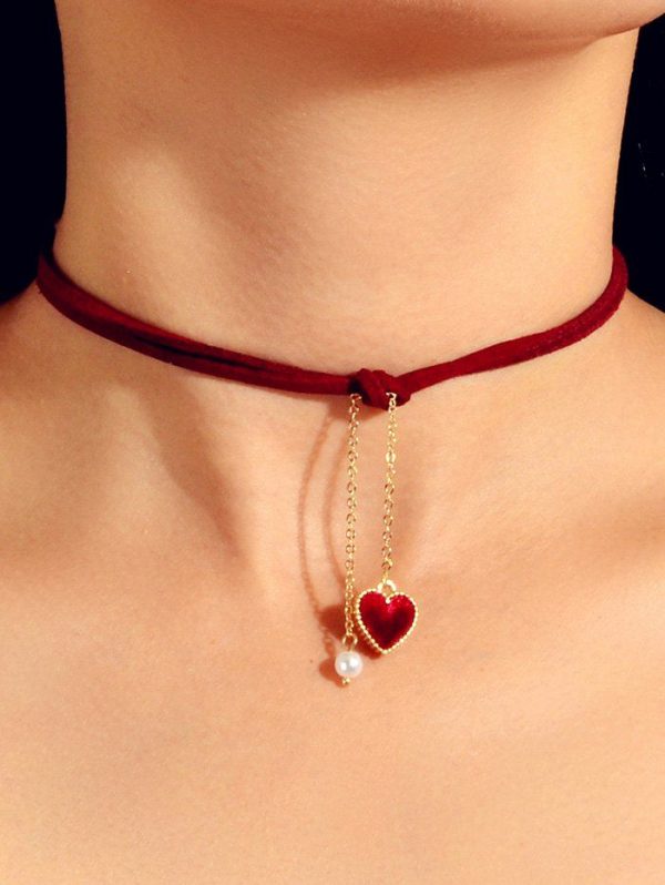 Heart Faux Pearl Rope Pendant Choker Necklace