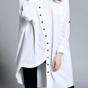 High Low Shirt Collar Simple Cotton Buttoned Tunic