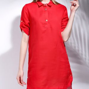 High Low Shirt Collar Solid Short Sleeve Simple Mini Dress