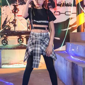 Hip Hop Dance Costumes Kid's Black Hip Hop Pants Top Plaid Letters Print Cotton Street Dancing Costume