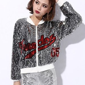 Hip Hop Dance Sequin Costume Red Glitter Sexy Women Dancing Jacket Top