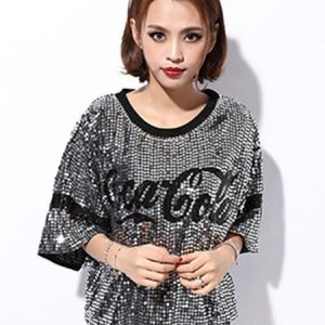 Hip Hop Dance Sequin Costume Red Women Glitter Sequin T Shirt Top Dancing Clothes