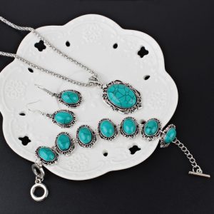 Hollow Sliver Green Rimous Oval Turquoise Collar Earrings Necklace Bracelet Jewelry Set