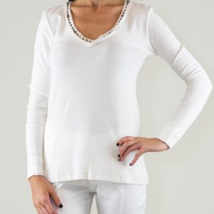 Ivory Basic Studded V Neck Cotton Long Sleeved Top