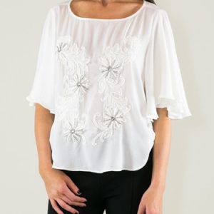 Ivory Floral Frill Sleeve Beaded Crew Neck Blouse