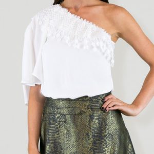 Ivory One Shoulder Frill Sleeve Lace Detail Blouse